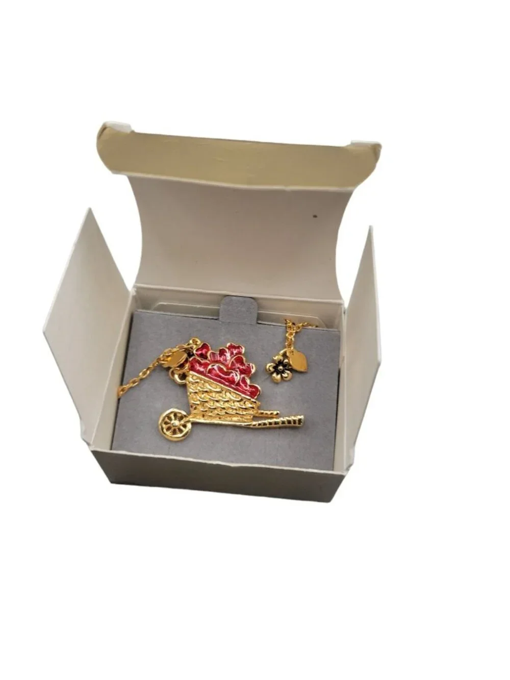 Avon Red Floral Heart Enamel Jewelry Set Wheelbarrow Pin & Dangle Post Earrings